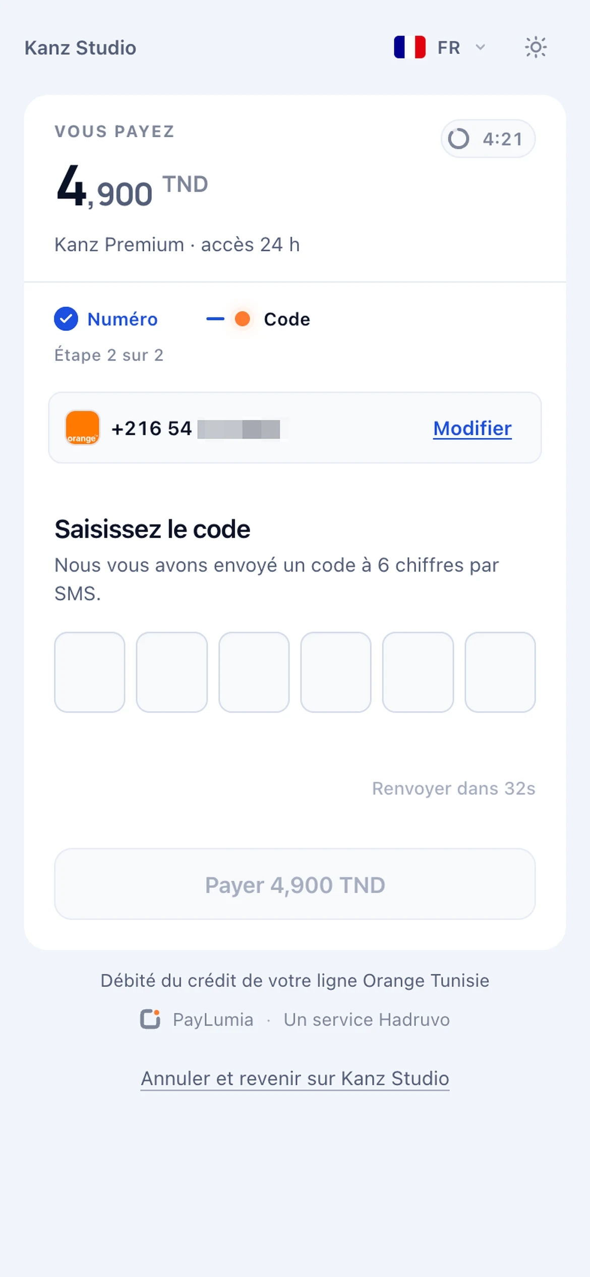PayLumia checkout — step 2, one-time code